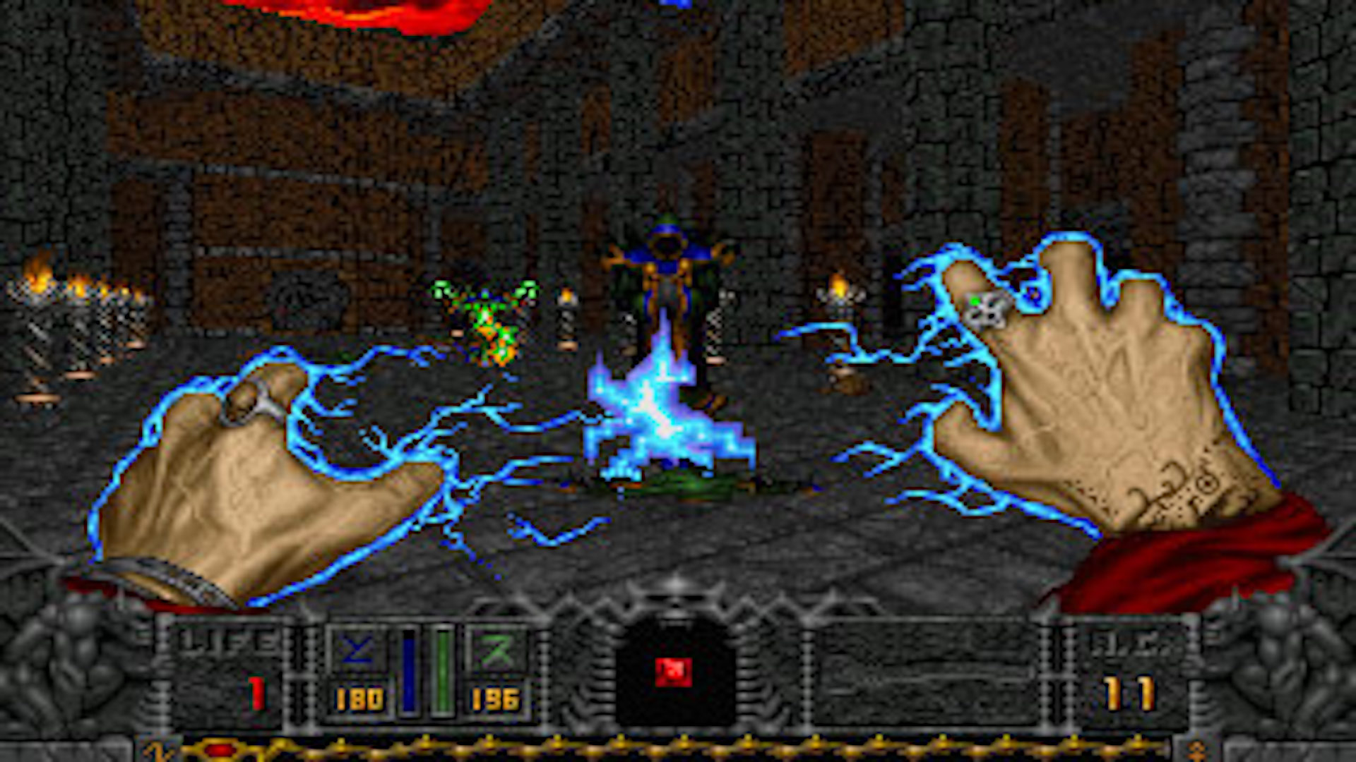 Hexen'den alınan bir ekran görüntüsünde düşmanlara yıldırım atan ellerin birinci şahıs görünümü. 